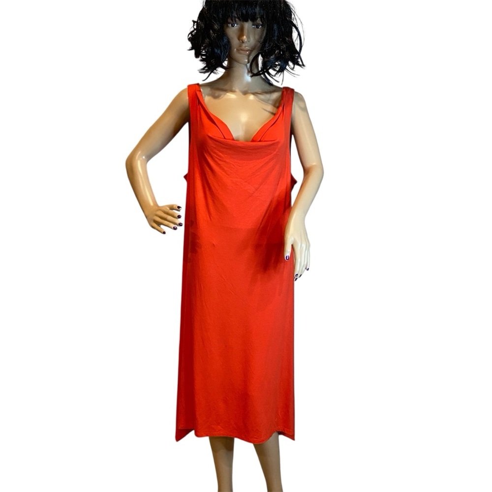 Eileen Fisher Cowl Neck Sleeveless Jersey Dress Below Knee Length Coral XL EUC